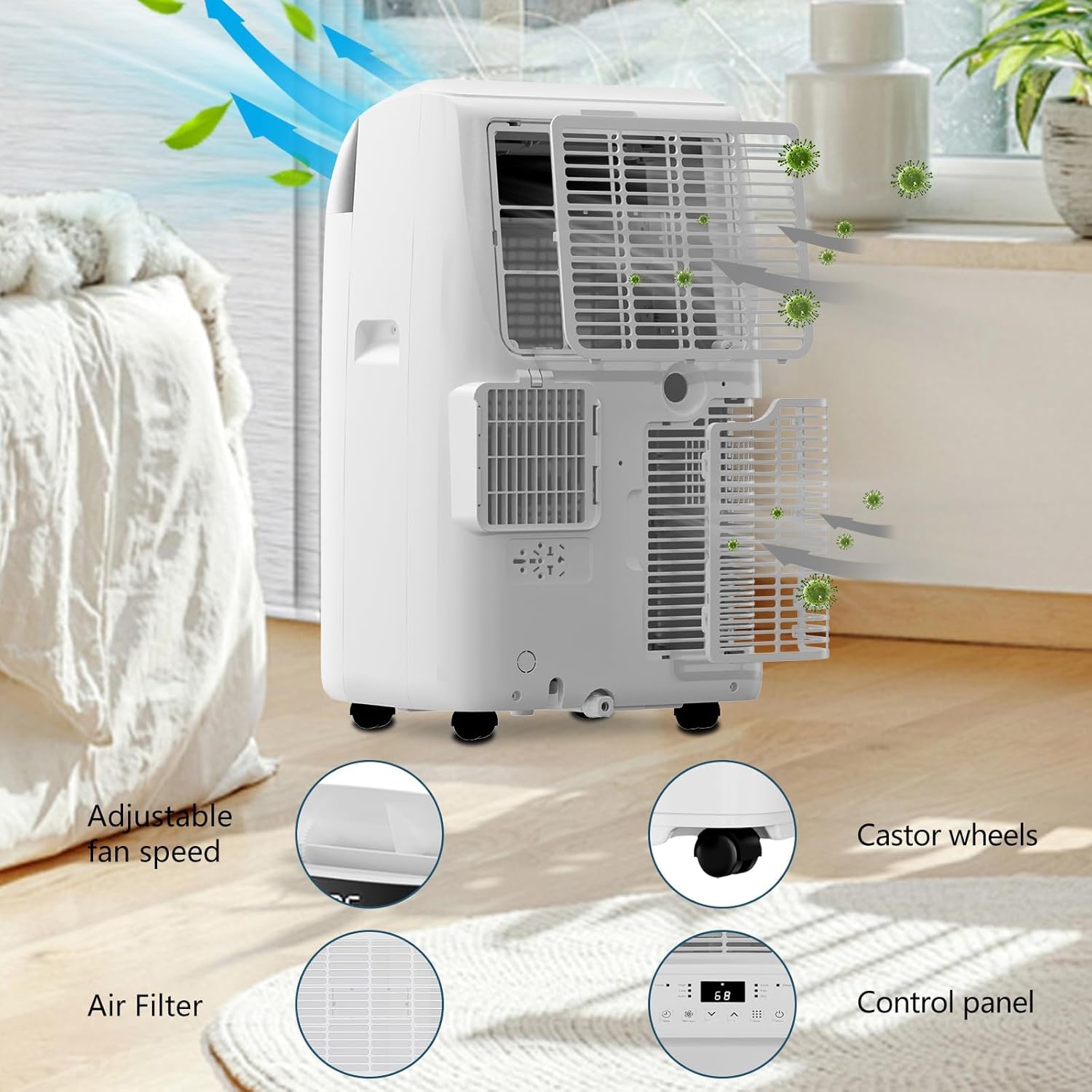 10000 BTUs Portable Air Conditioner, Floor AC Unit Cools Up to 500 Sq. Ft, Multifunctional Air Conditioner with 2 Wind Speed, Remote & Timer, for Office/Home