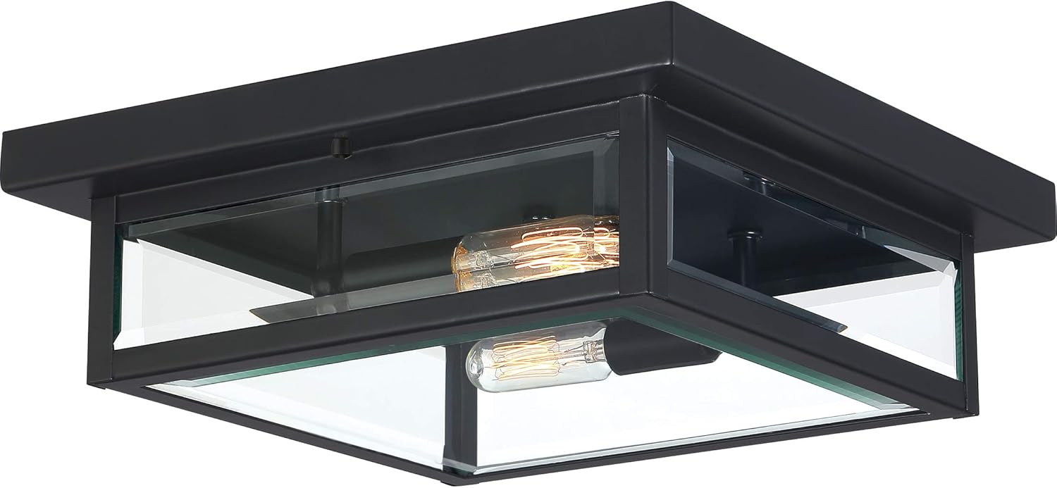 Quoizel Westover Outdoor Flush Mount Ceiling Light, 12 Inch 2-Light Earth Black Industrial Lantern, Beveled Glass, Close to Ceiling Light Fixtures for Farmhouse, Porch, Patio, Hallway or Yard
