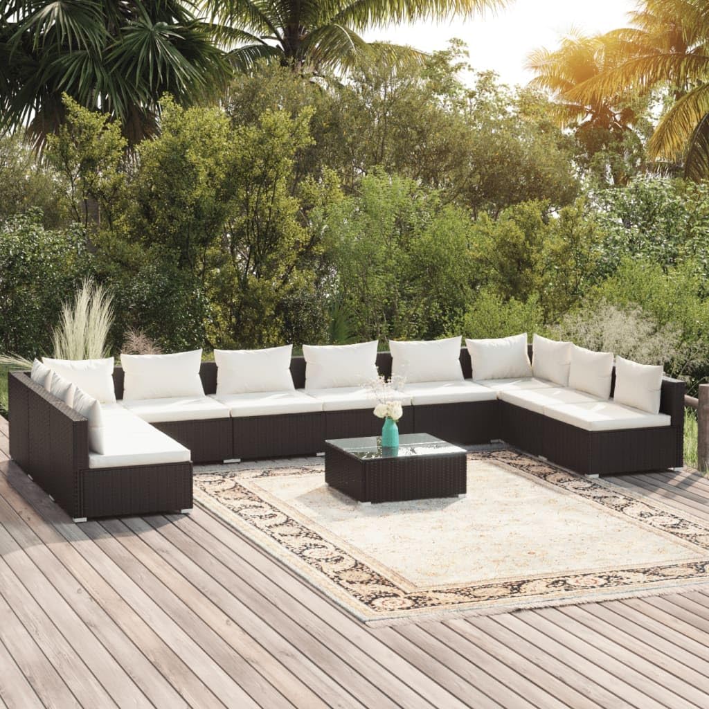 11 Piece Patio Lounge Set with Cushions Poly Rattan Black Patio Furniture, Outdoor Furniture Sets