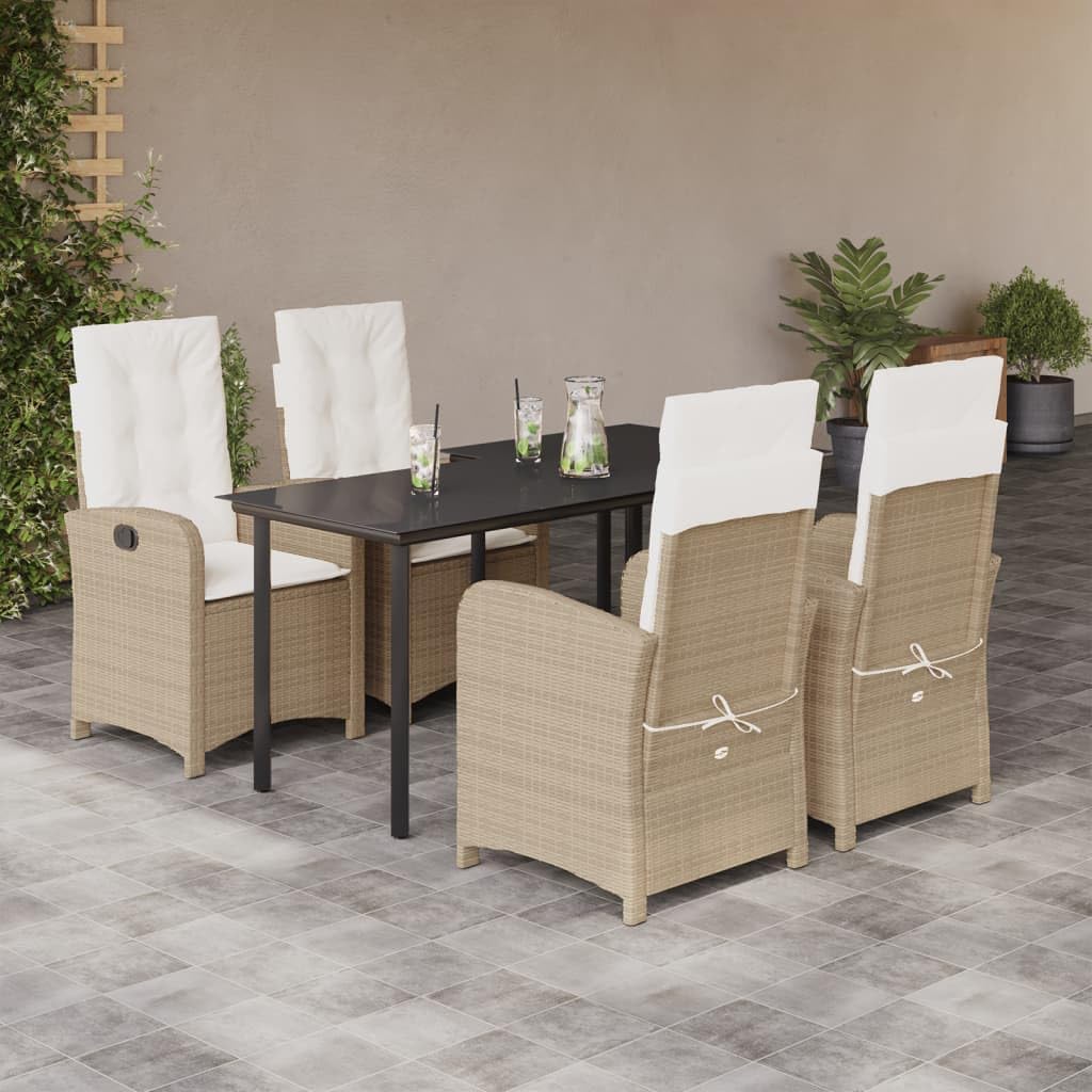 5 Piece Patio Dining Set with Cushions Beige Poly Rattan,Spacious Outdoor Patio Furniture Set with Adjustable Backrest Garden Chairs and Durable Glass Tabletop Furniture Sets for Patio, Lawn & Garden