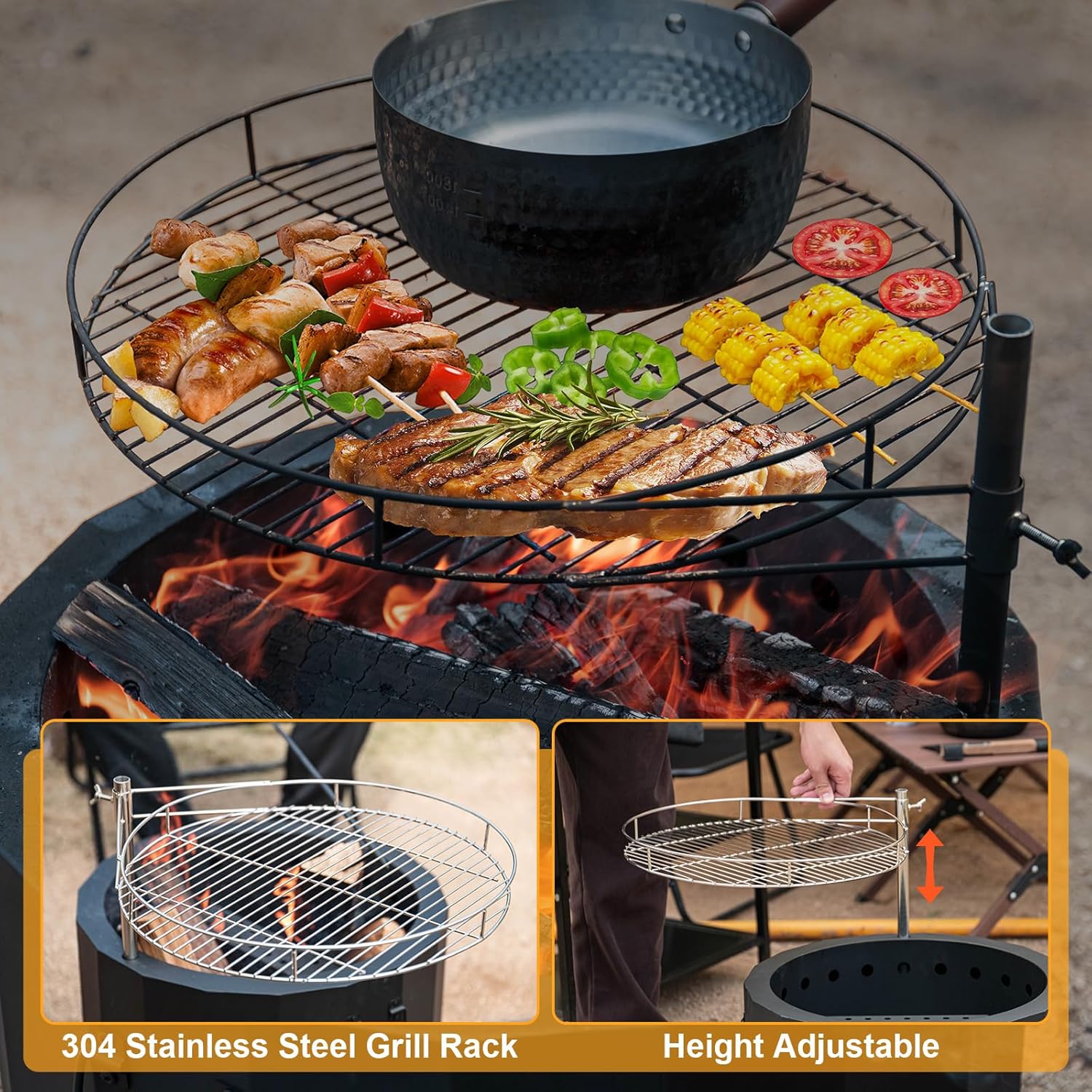 CHANGE MOORE Smokeless Fire Pit for BBQ, 19.6” Triple Burn Outdoor Firepit with Removable Ash Pan BBQ Grill Cover Fire Poker Set Side Handles, Fireplace Bonfire for Outside Backyard Garden Patio