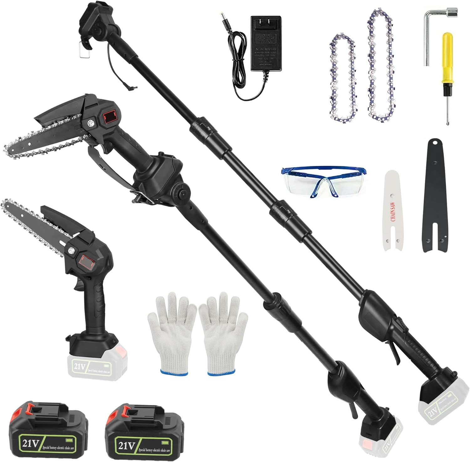 2-in-1 Cordless Pole Saw, Mini Pole Chainsaw with Max 13FT Extension Pole, 21V Electric Pole Saw for Tree Trimming Branches, Includes 2×3.0Ah Batteries