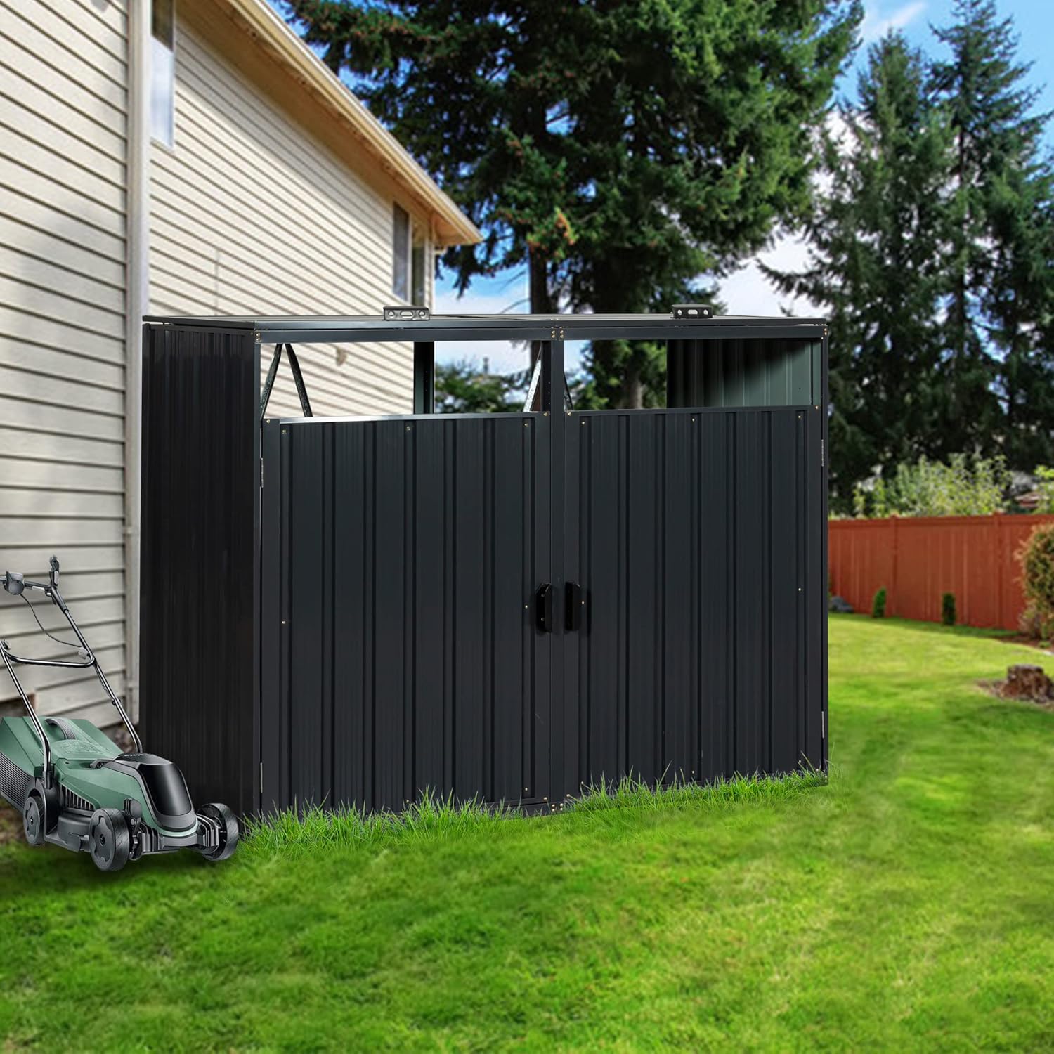Outdoor Trash Can Storage Shed,Metal Garbage Bin Storage Shed Stores 2 Trash Cans,Garbage Bin Shed for Garden Yard Lawn,Charcoal