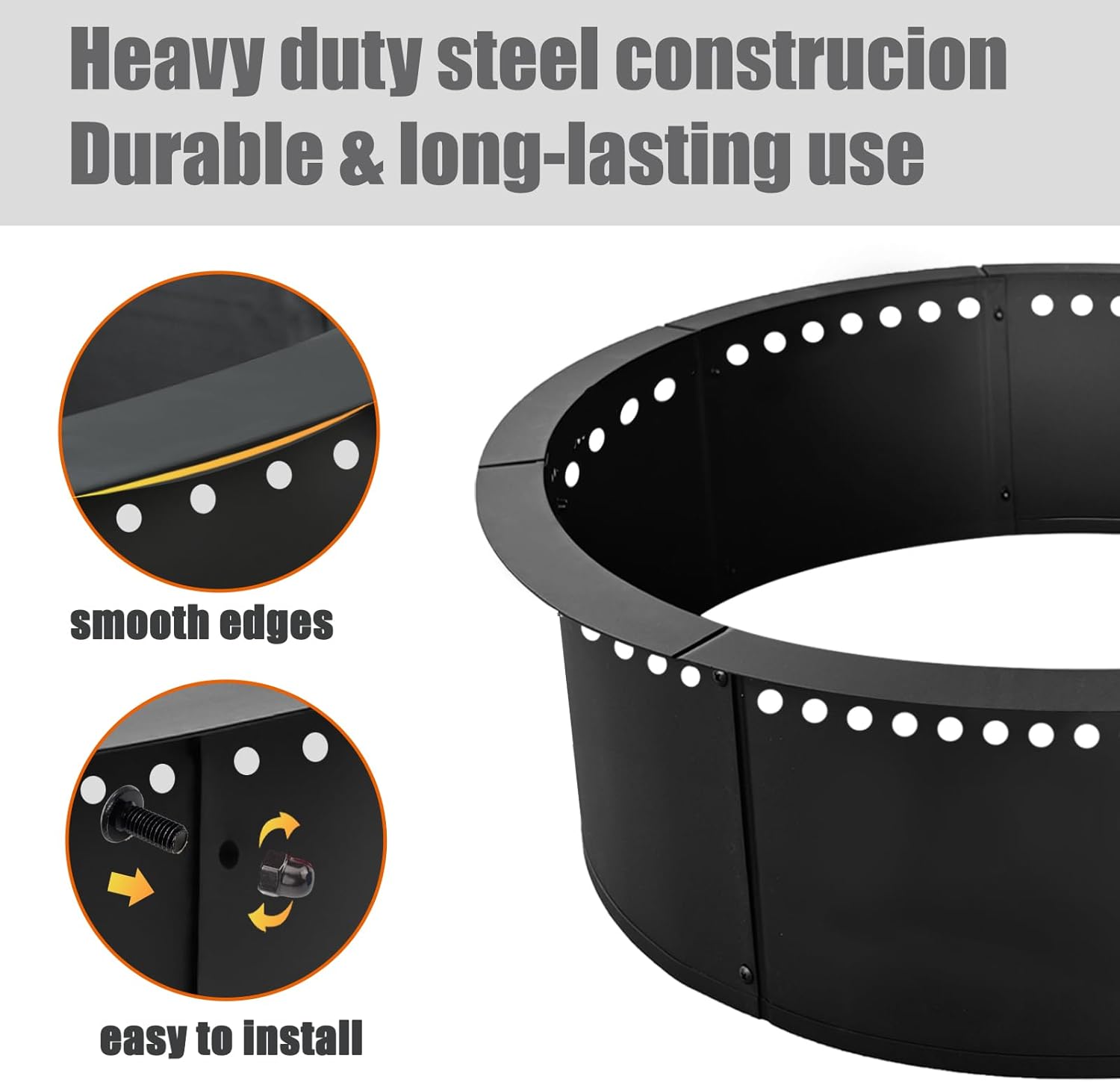 SoulMate Outdoor 40-Inch Outer/36-Inch Inner Fire Pit Ring Smokeless,Duty Solid Metal Steel Round Firepit Rim Insert for DIY Fire Pits, Outdoor Above or In-Ground, Camping Garden Patio Backyard.