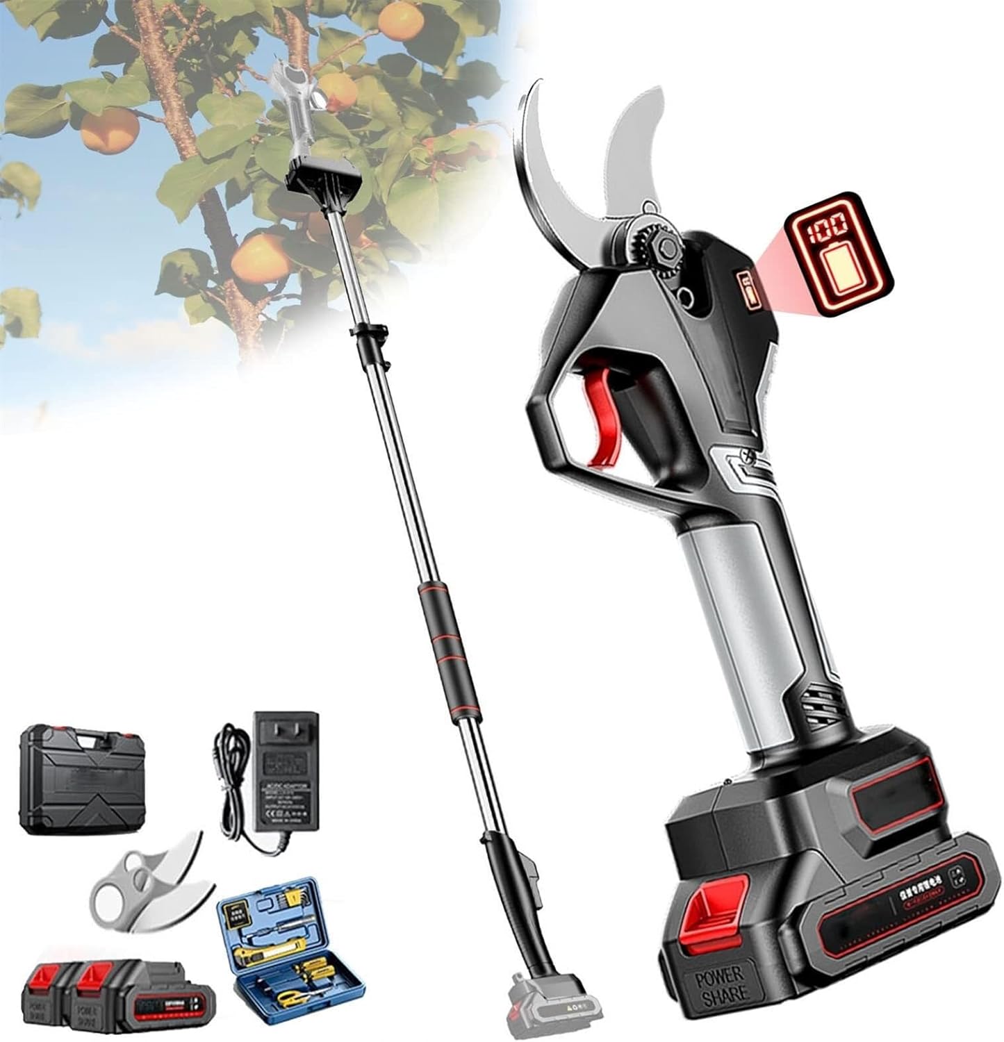 Electric Scissors with 1.3~2.2m Extension Pole, Garden Pruning Shears Battery Powered, Cordless Electric Pruner Shears, for Pruning Trees and Shrubs and Fruit Trees