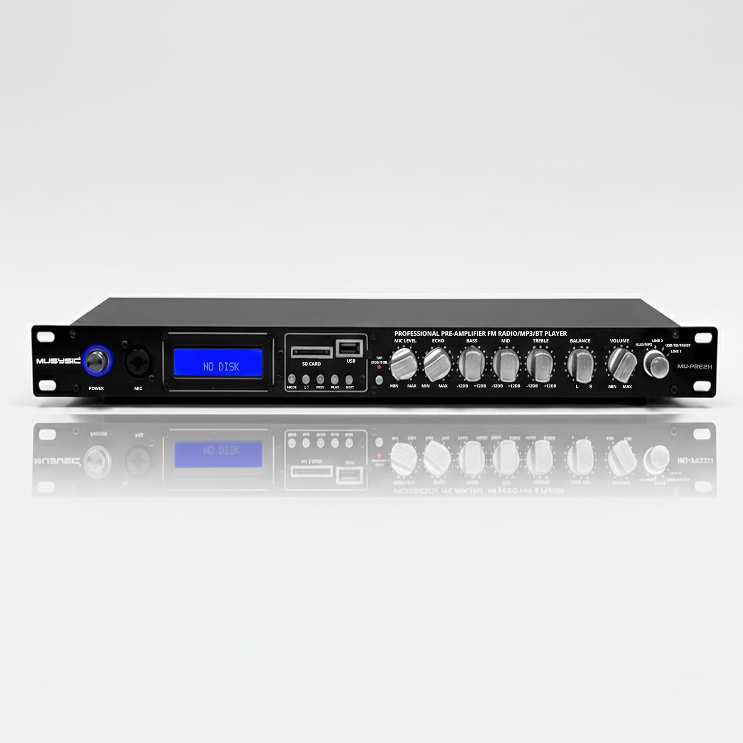 MUSYSIC Professional Audio Receiver & Sound Processor Preamp | Bluetooth, USB/SD, MP3/Aux, FM Radio, Recording Mode | Digital LCD Display | Switchable 110V–220V MU-PRE2H