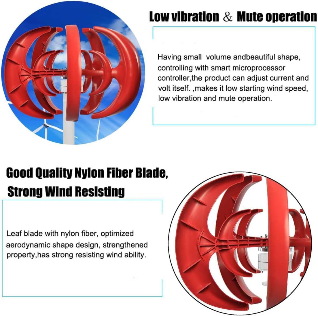 SISHUINIANHUA Max 800W AC 12V 24V Wind Turbine Generator Lantern 5 Blades Motor Kit Vertical Axis for Home Hybrid Streetlight Use,White,24v