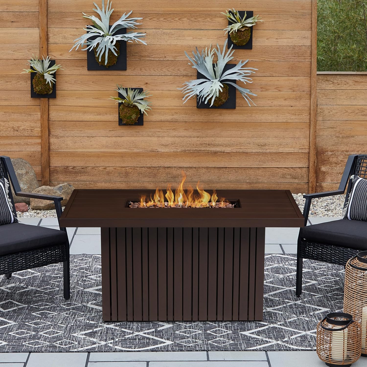 Real Flame Calvin 52in Rectangle Propane Fire Pit Table, 50,000 BTU, Hidden Tank Storage, Aluminum, Push-Button Ignition, CSA Certified, Lava Rock, Storage Cover, Stainless Steel Burner with Lid