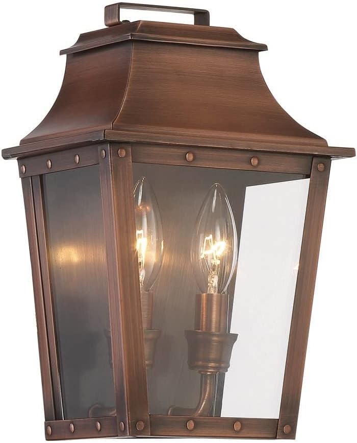 Acclaim Lighting 8423CP | Vintage Solid Copper Two Light Dimmable Wall Mounted Outdoor Wet Rated Lantern with Clear Glass | Hand Crafted Classic Colonial America Design (Copper Patina - Style Five)