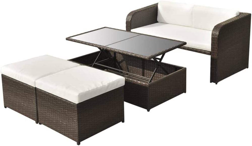 Furniture Sets 4 Piece Patio Lounge Set with Cushions Poly Rattan Brown,Stylish and Comfortable Rattan Dining Set with LiftUp Coffee Table for Outdoor and Indoor Use Garden Conversation Sets