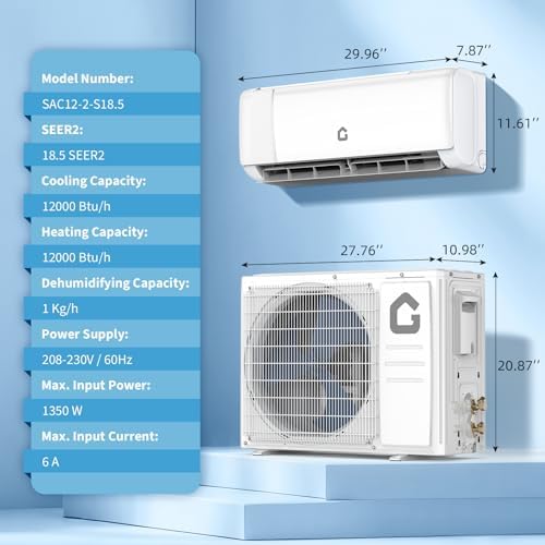 12,000 BTU Mini Split AC Heating System 19 SEER2 Ductless Heat Pump 208-230V Cools Up to 750 Sq.Ft WiFi Alexa Compatible Complete Installation Kit White