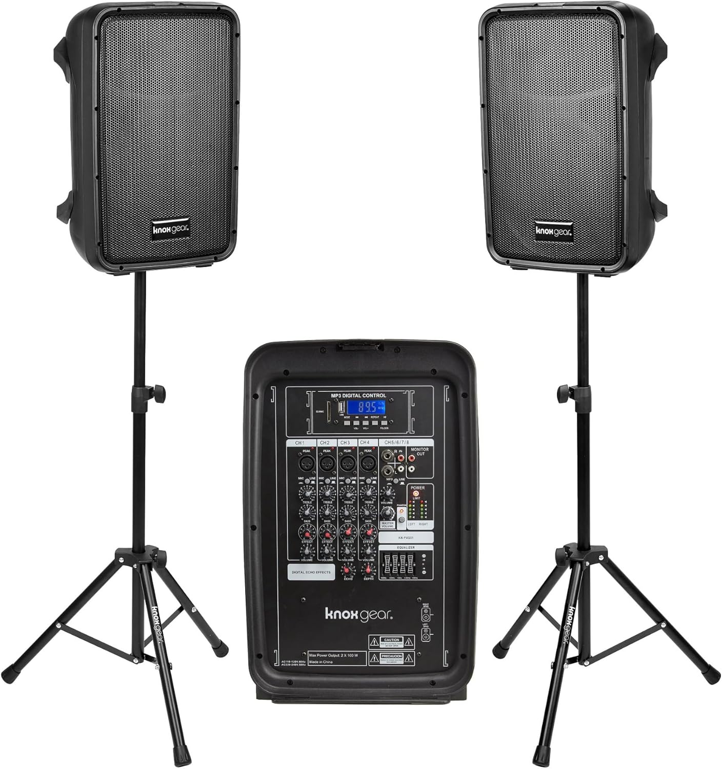 Knox Gear Dual Speaker and Mixer Set–Portable 8” 300 Watt DJ PA System with Wired Microphone & Tripod Stands, Amplifier, Bluetooth, USB, SD, 1/4” Line RCA, XLR Inputs, Ideal for a Party or Event