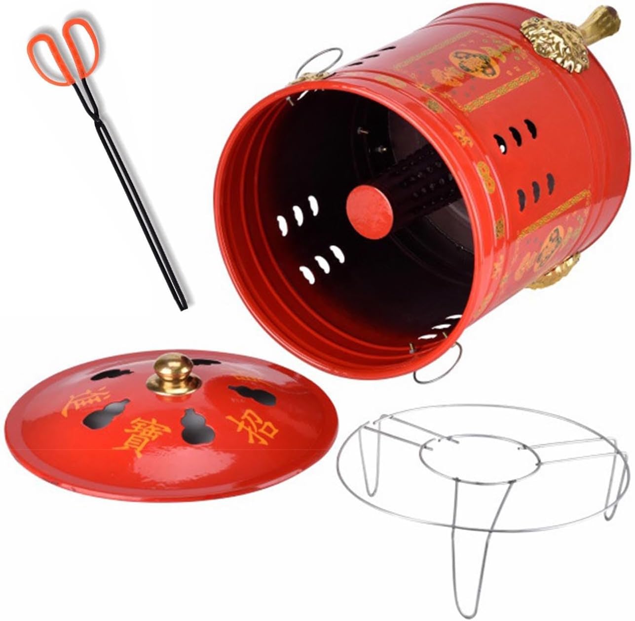 Enamel Burn Barrel Incinerator Can with fire Tongs - Efficient Garden Incinerator Metal Garden Fire Pit Cage Yard Debris Furnace Burning Bin Bucket for Waste Garden Leaf Wood Bonfire(33x54cm)