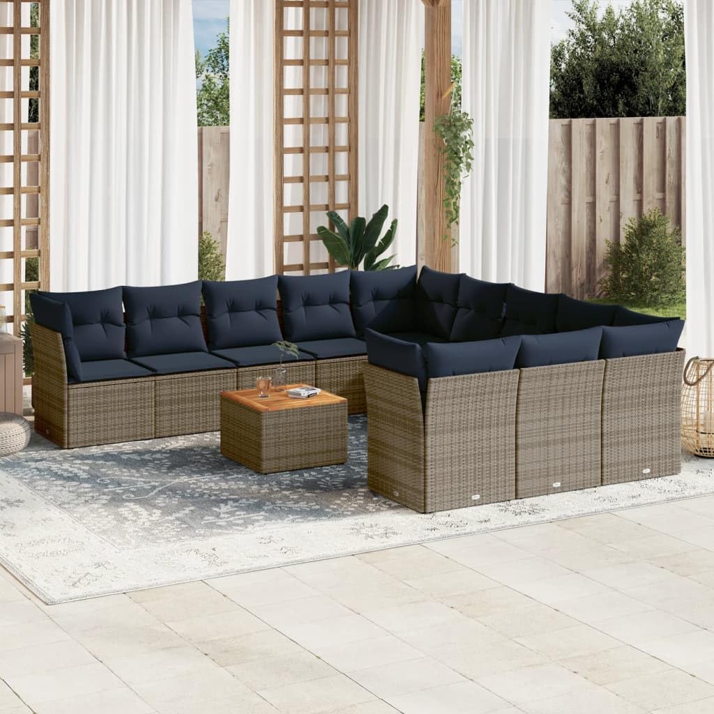 12 Piece Gray Poly Rattan Patio Sofa Set, Outdoor Sectional Furniture with Cushions, Acacia Wood Table, UV-Proof for Garden Backyard