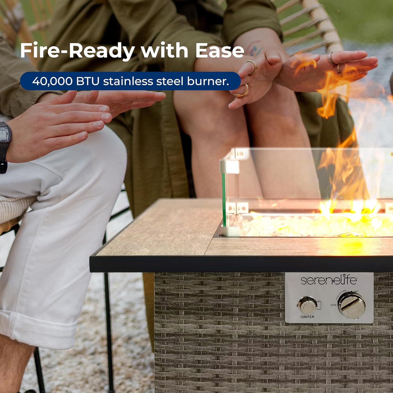 SereneLife Tabletop Propane Firepit, 30” Square Base Fire Table with Tile Tabletop & Clear Glass Rocks, 50,000 BTU, Stainless Steel Burner, Tempered Glass Wind Guard, Weather Resistant, 30”x30”x24”