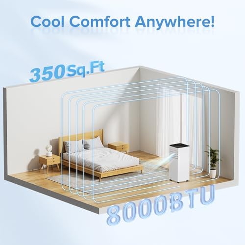 8,000 BTU Portable Air Conditioner Cools up to 350 SQ. FT, 4 in 1 AC Unit with Powerful Cooling, Sleep Mode, 24H Timer, Air Cooler with Window Installation Kit, for Bedroom, Apartment(BLACK)