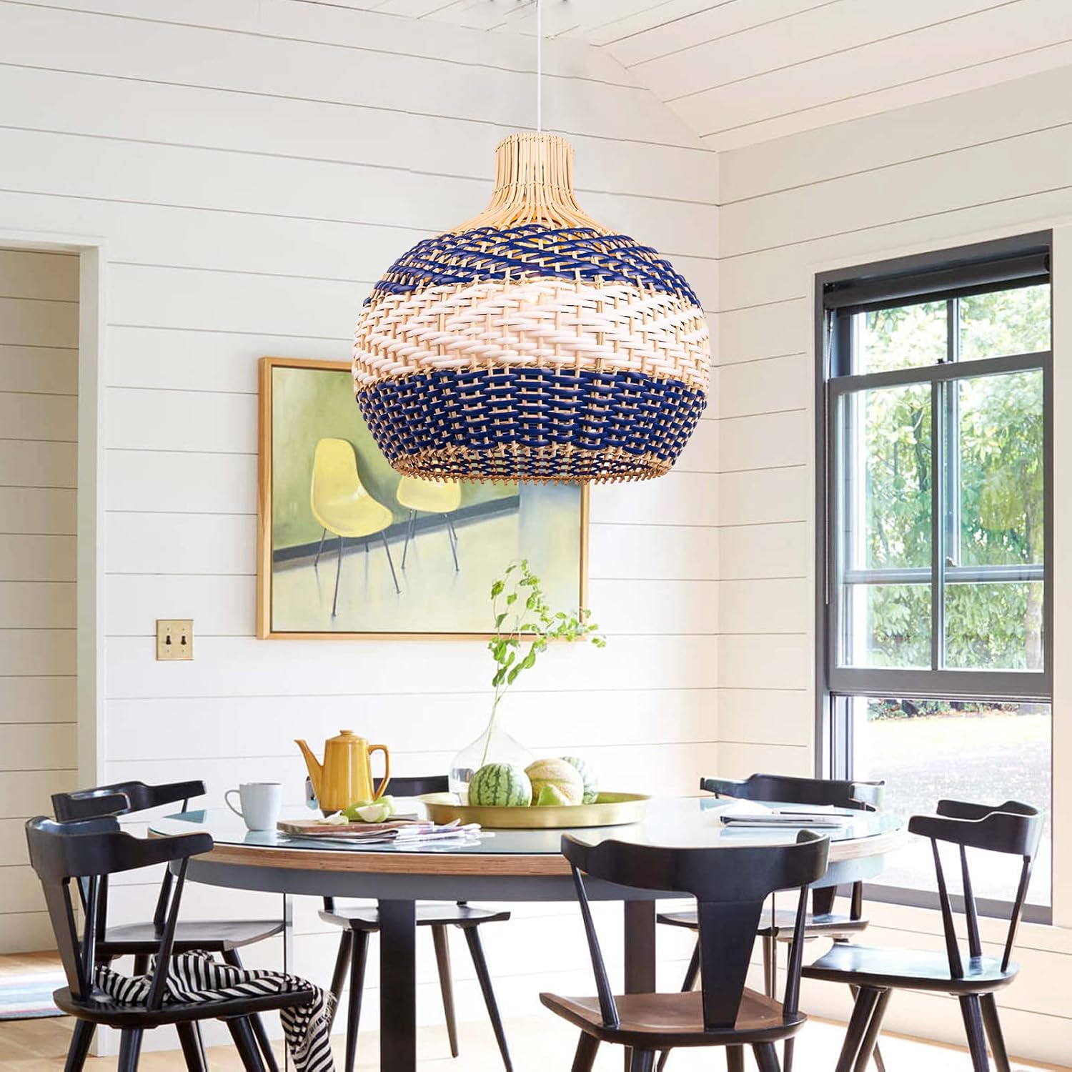Arturesthome Hand-Woven Rattan Chandelier, Rattan Pendant Light Fixtures Ceiling, Wicker Hanging Lamp for Dining Room Bedroom Kitchen Island Blue
