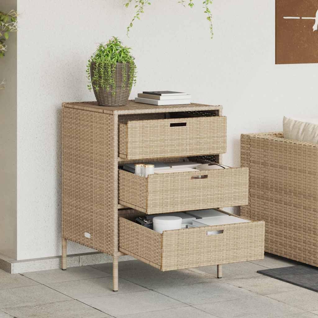 Garden Storage Cabinet, Beige PE Rattan Outdoor Storage, Weatherproof Deck Box with 3 Drawers, 23.2 x 21.7 x 31.5 in, Powder-Coated Steel Frame for Patio, Balcony, Garden Tools & Cushions