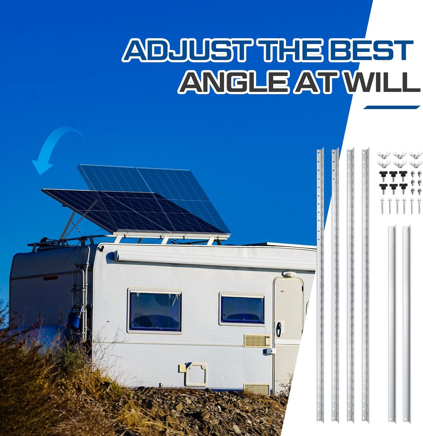 Moxweyeni 58 Inch Adjustable Solar Panel Mount Brackets with Foldable Tilt Legs, Rack Stand Mounting Support for 180-400w Solar Panels on Ground, Roof, RV, Boat, Off-Grid