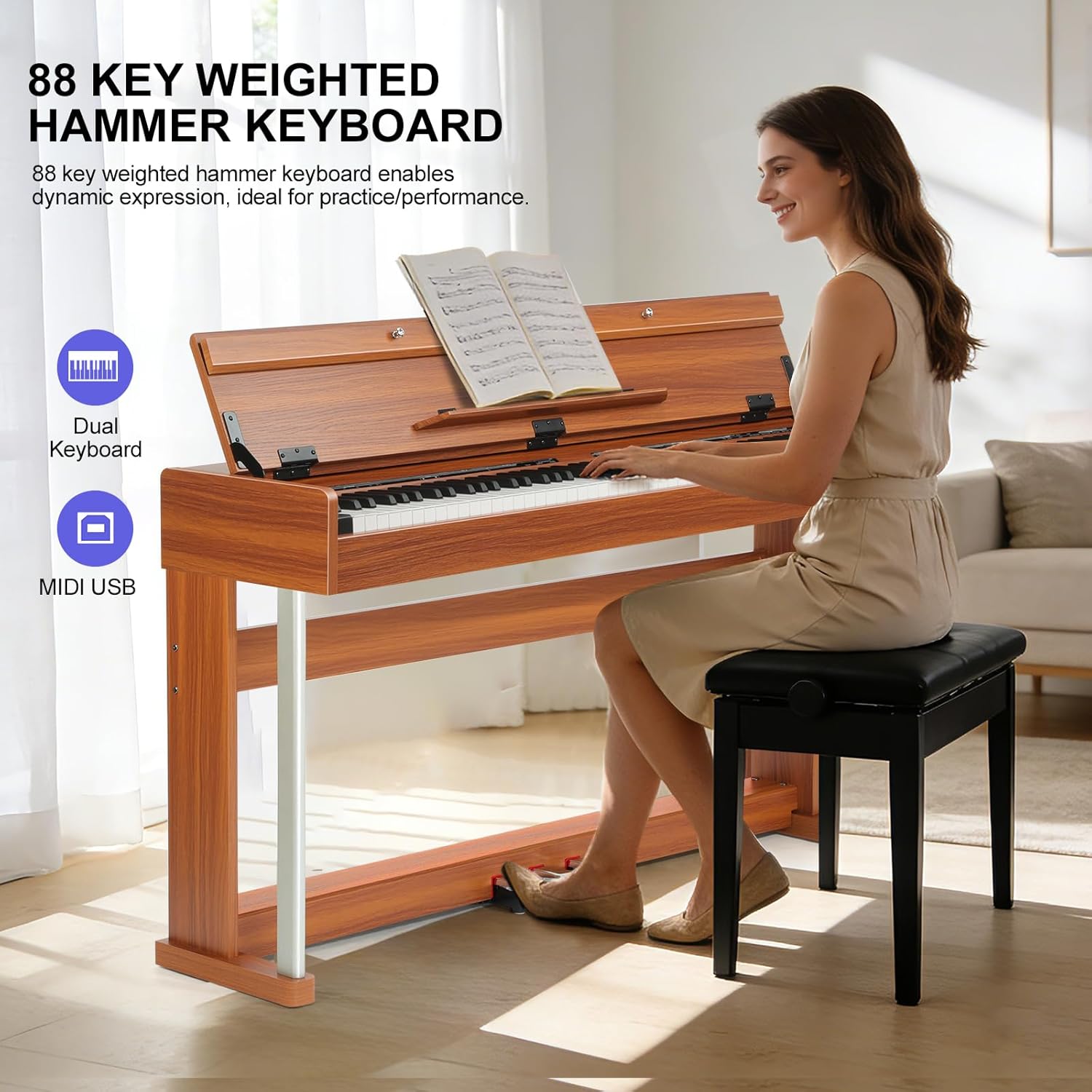 88 Key Weighted Digital Piano Keyboard - Wood Piano Desk to Vanity, Hammer Action Electric Piano with MIDI, Ideal Home Digital Pianos & Keyboard Piano for Beginners (Brown, VE86 with Cabinet Stand)