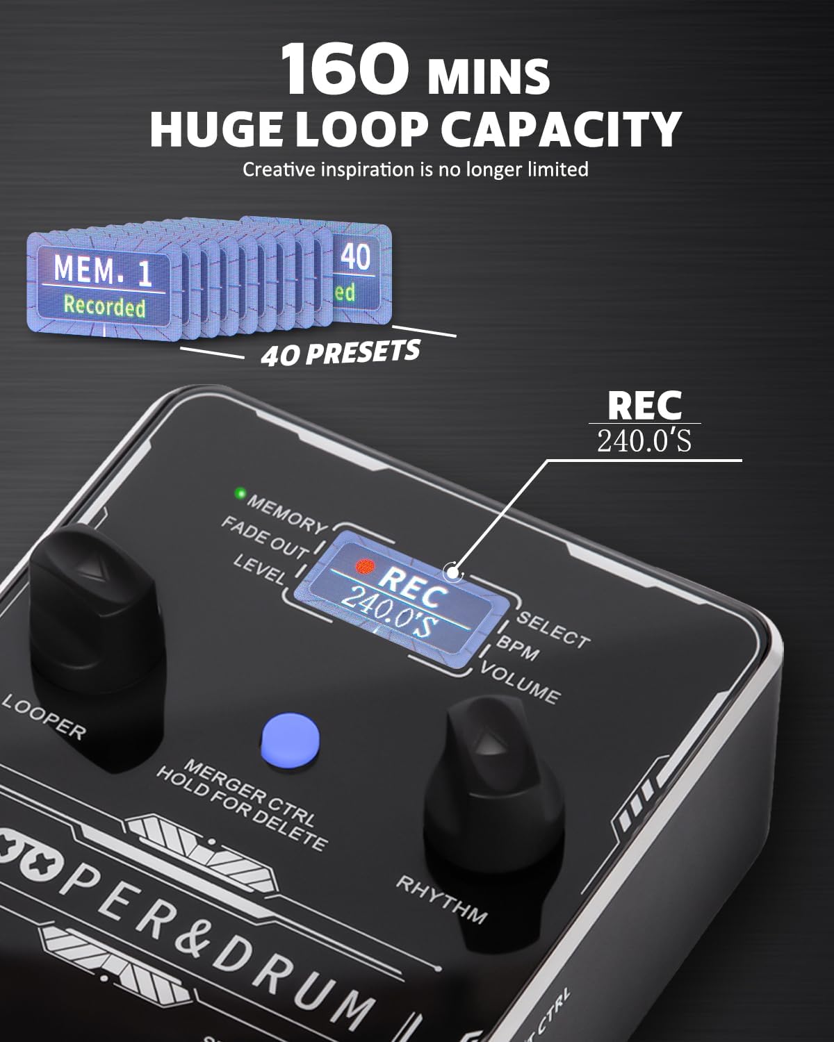 STRICH Stereo Looper Pedal Guitar Pedal with Built-in Drum Machine, 100 Diverse Drum Patterns, 160 Minutes Recording Time, USB for Audio Upload or Download, Support Footswitch Control