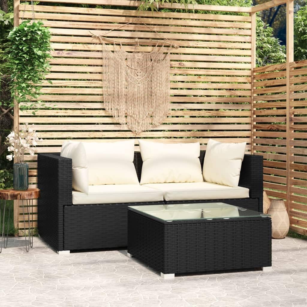 Patio Set Patio Furniture Set 3 Piece with Cushions Black Poly Rattan