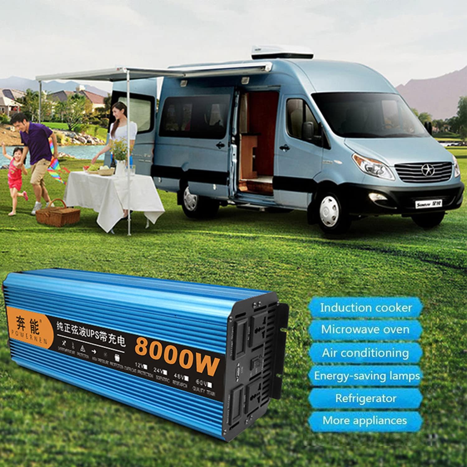 4000w Peak Value 8000w Pure Sine Wave Voltage Inverter Converter Car Power Inverter Dc 12v 24v to Ac 230v with LCD Display and USB Connection + 2AC Sockets + Remote Controlay,24V