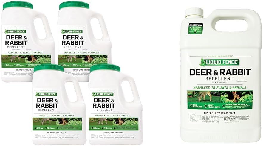 Liquid Fence Deer and Rabbit Repellent Granular 5 Pounds Pack of 4 and Concentrate Repels Deer and Rabbits 1 Gallon