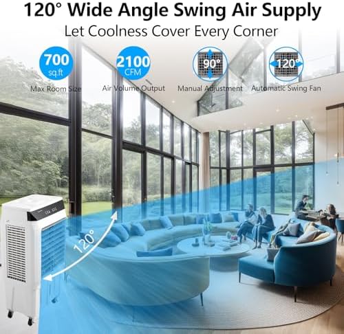 2100 CFM Swamp Cooler, 8.4 Gallon Evaporative Air Cooler with Remote Control, 3 Speeds, 12h Timer, 3-In-1 Swamp Cooler Air Conditioner, Portable Air Cooler Fan for Indoor Room Garage Outdoor Patio