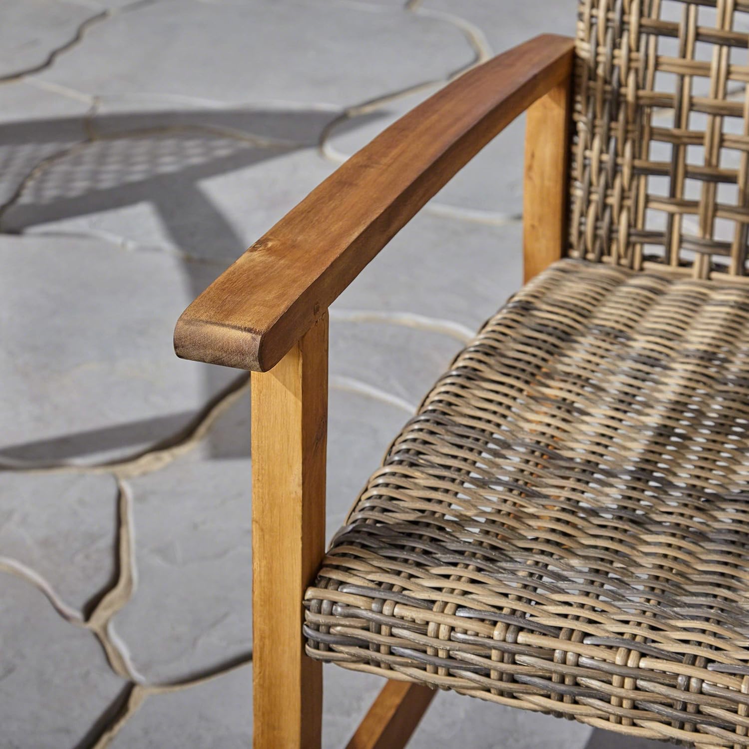 Great Deal Furniture GDFStudio Outdoor 3 Piece Wood and Wicker Chat Set with Fire Pit, Natural with Gray and Brown