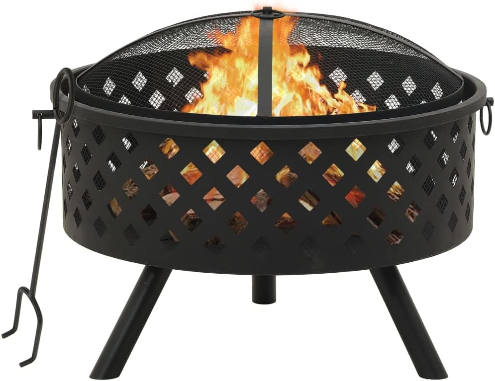Fire Pit with Poker,Camping Fire Pit,Firepit Table for Outside,for Patio Camping Backyard Deck Picnic Porch,with Spark Screen,Log Grate,Poker,26.8 Steel