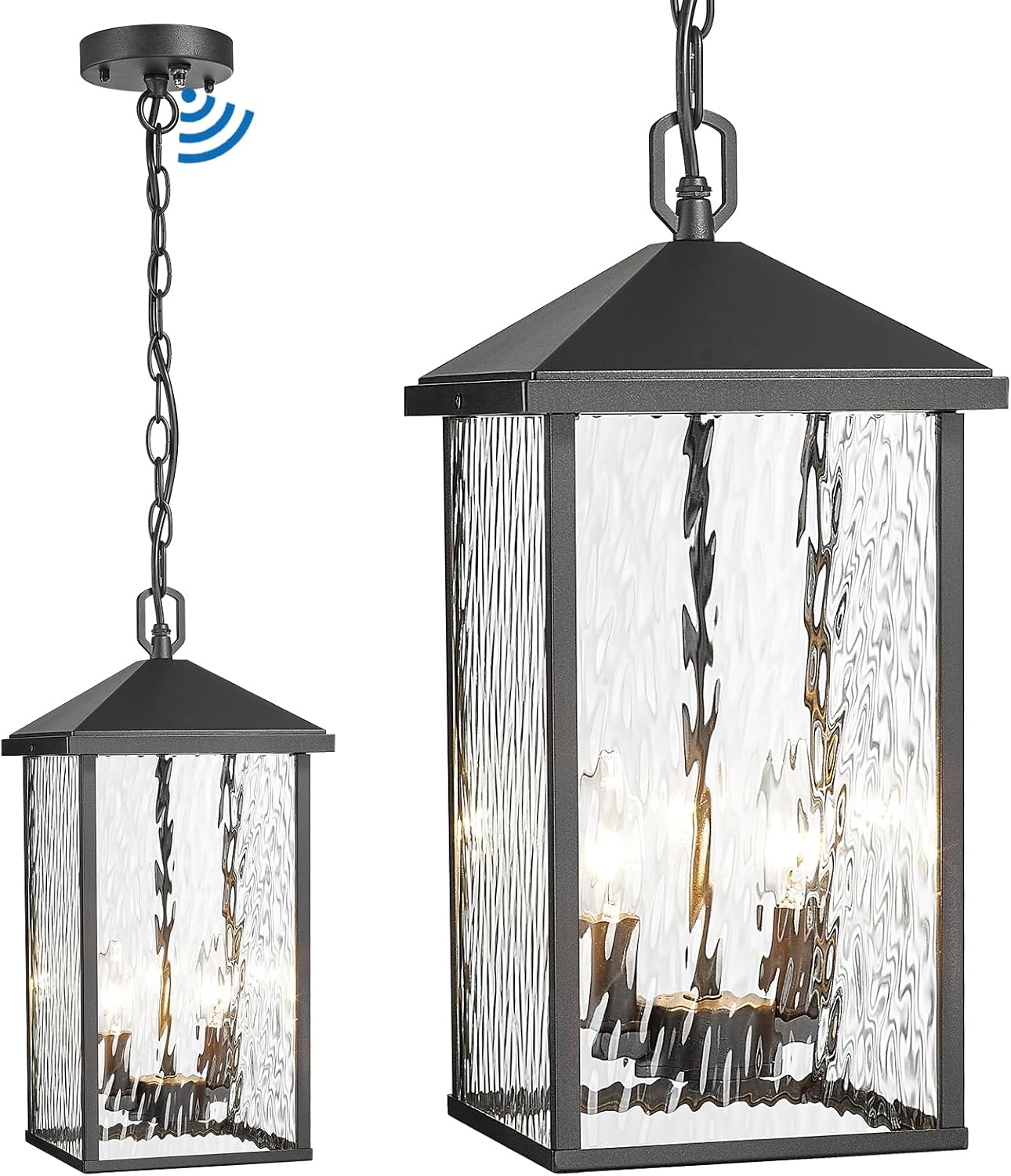 Large Outdoor Pendant Light Black Hanging Light Fixture Ceiling Mount 2-Light Dusk to Dawn, Modern Large Outdoor Chandelier Exterior Pendant Lights with Water Ripple Glass for Porch Patio