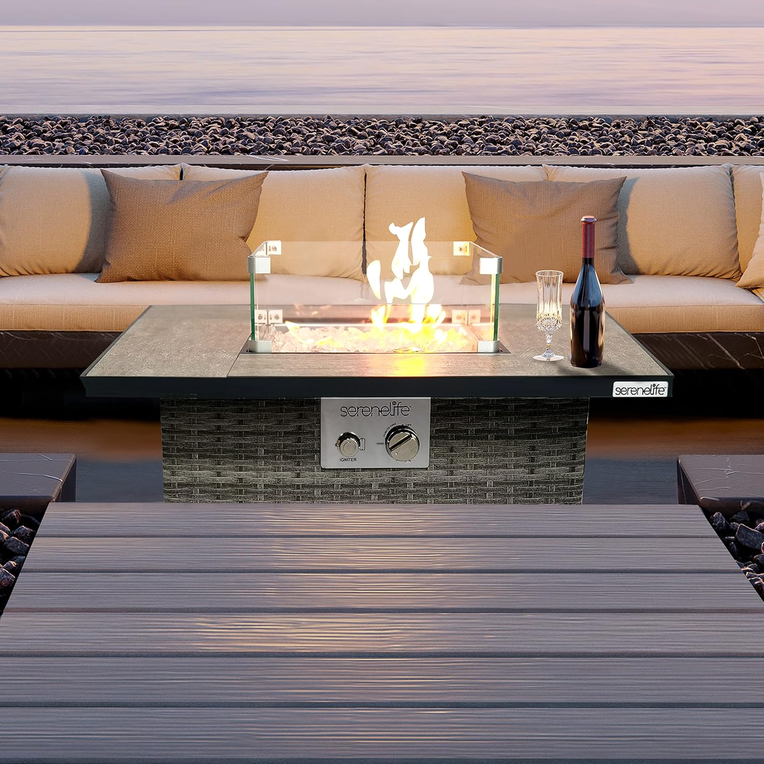 SereneLife Propane Fire Pit Table, 50000 BTU CSA/ETL Certified Safe Gas Table with Sturdy Wicker Base, Stainless Steel Burner, Glass Wind Guard & Cover, Outdoor Fireplaces for Parties