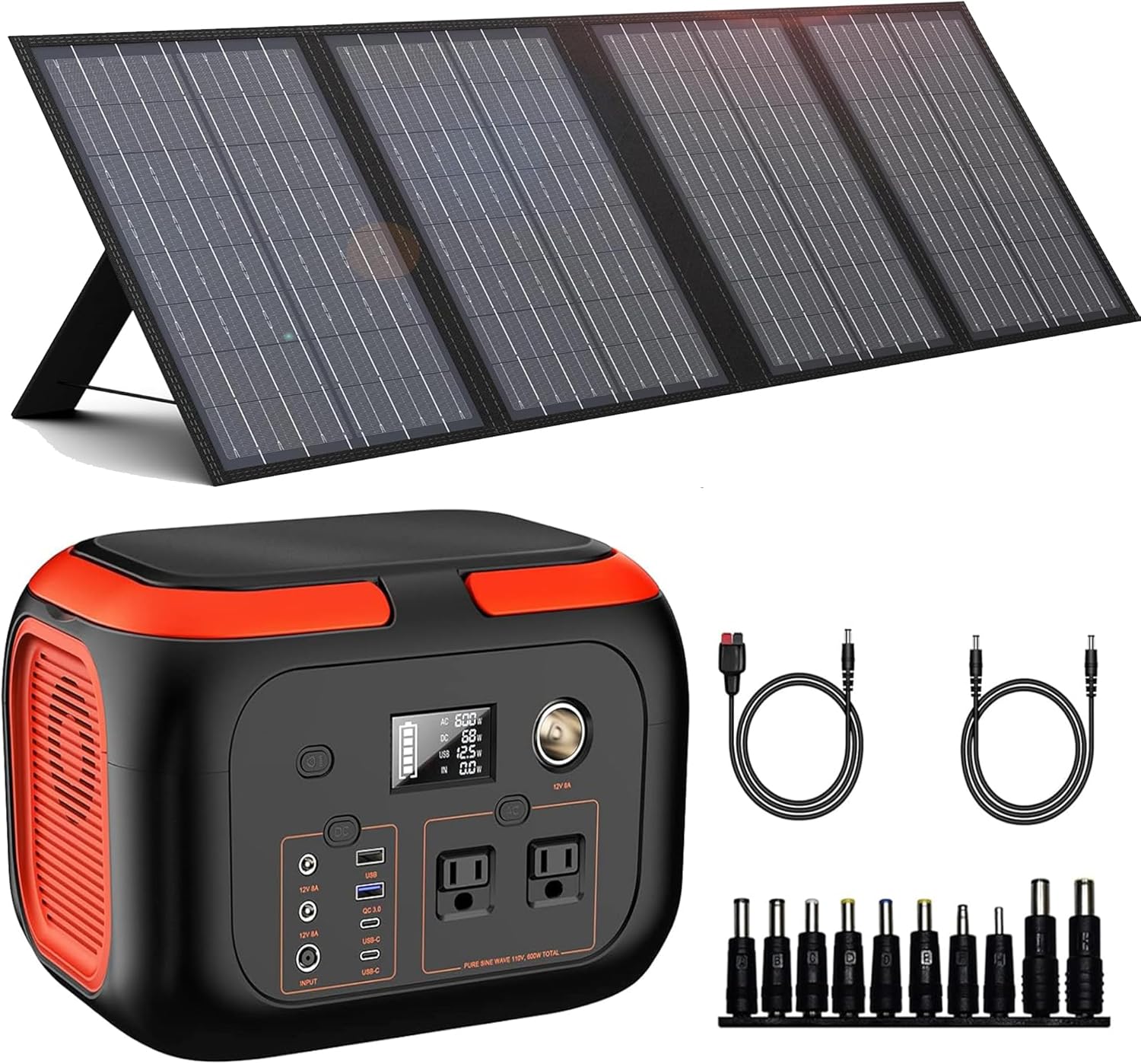 Solar-Generator-600W-Portable-Power-Station-with-60W-Solar-Panel-Included - 296Wh Backup Solar Power Bank with AC Outlets DC USB-C USB QC3.0 for Camping Boat Travel Outdoor Adventures Home Emergency