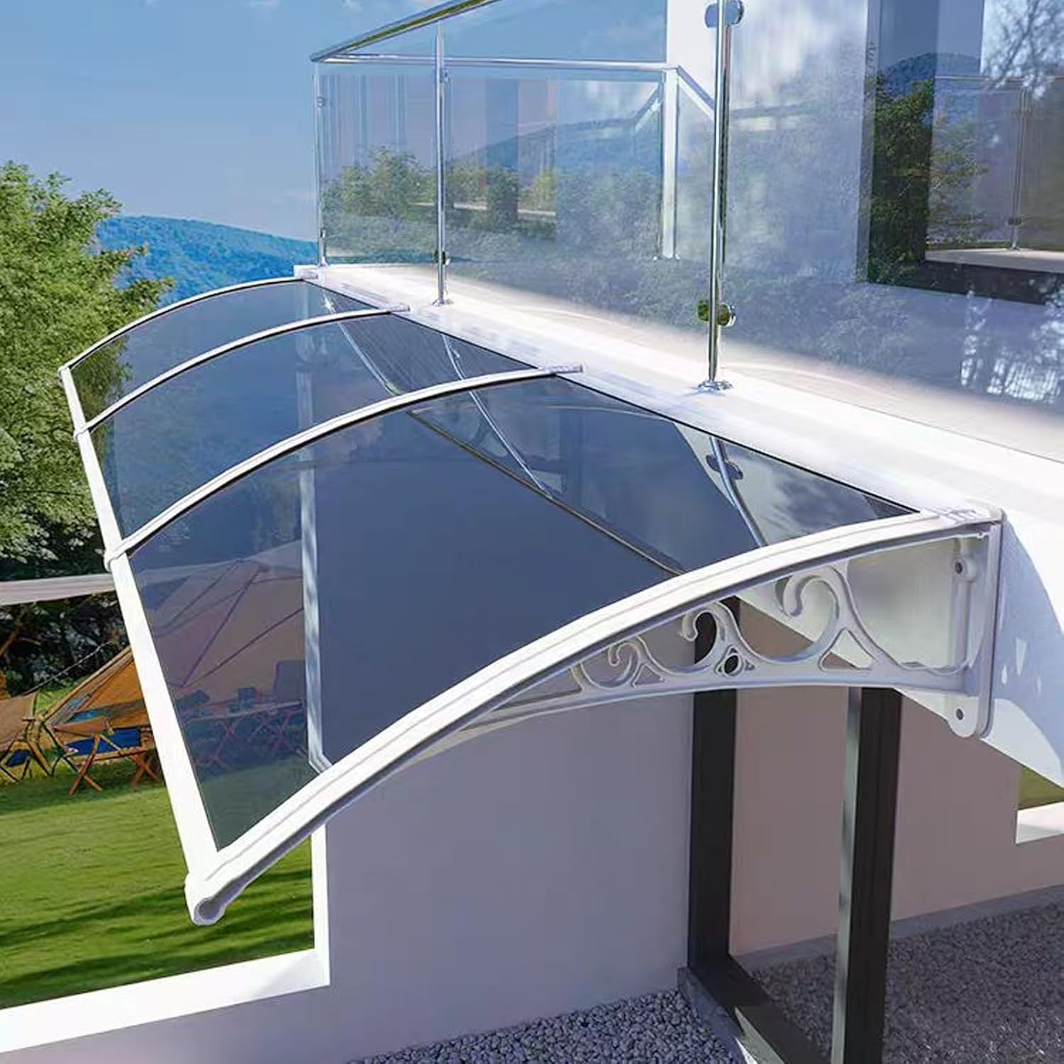Outdoor Garden Canopy Front Door Canopy with 99.99% UV Protection Silent Roofing Impact Resistant Door Awning Rain Shelter Solid Polycarbonate Cover 120x380cm/47 x150 White