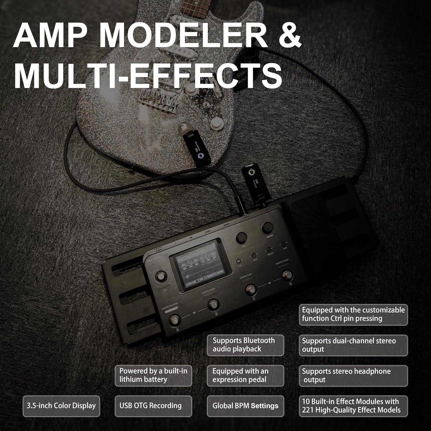 AUDOTA AME-200 Pro Guitar Multi Effects Processor with Amp Modelling, Reverb, Delay, Looper, Drum Machine, 4 Footswitches, Expression Pedal, USB OTG Recording, MNRS GNR & GIR Loader