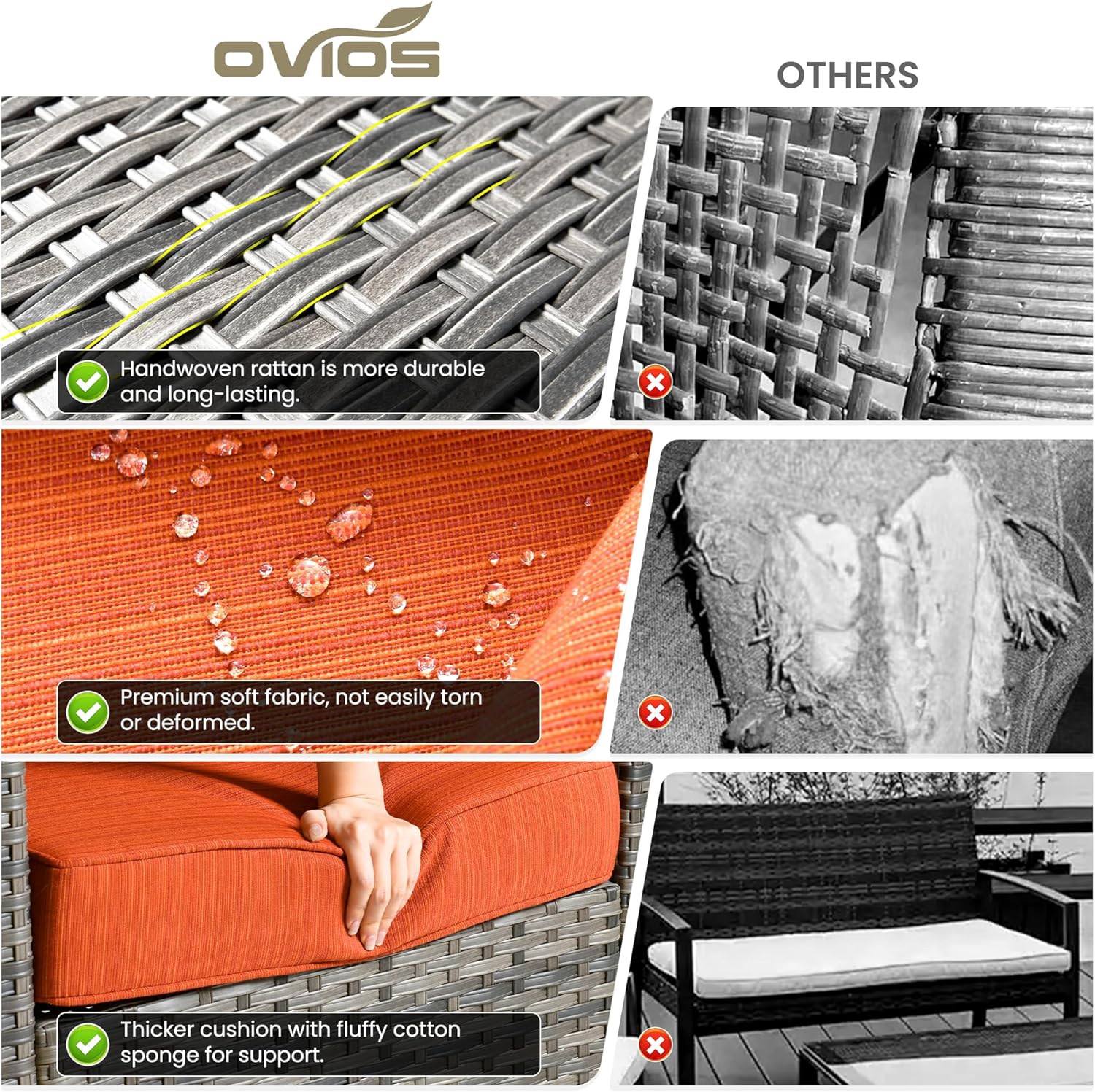 ovios Patio Furniture Set, 6 Pieces Outdoor Wicker Sofa Couch with Fire Pit Table, Ottomans and Comfy Cushions, All Weather High Back Rattan Conversation Set, Orange Red