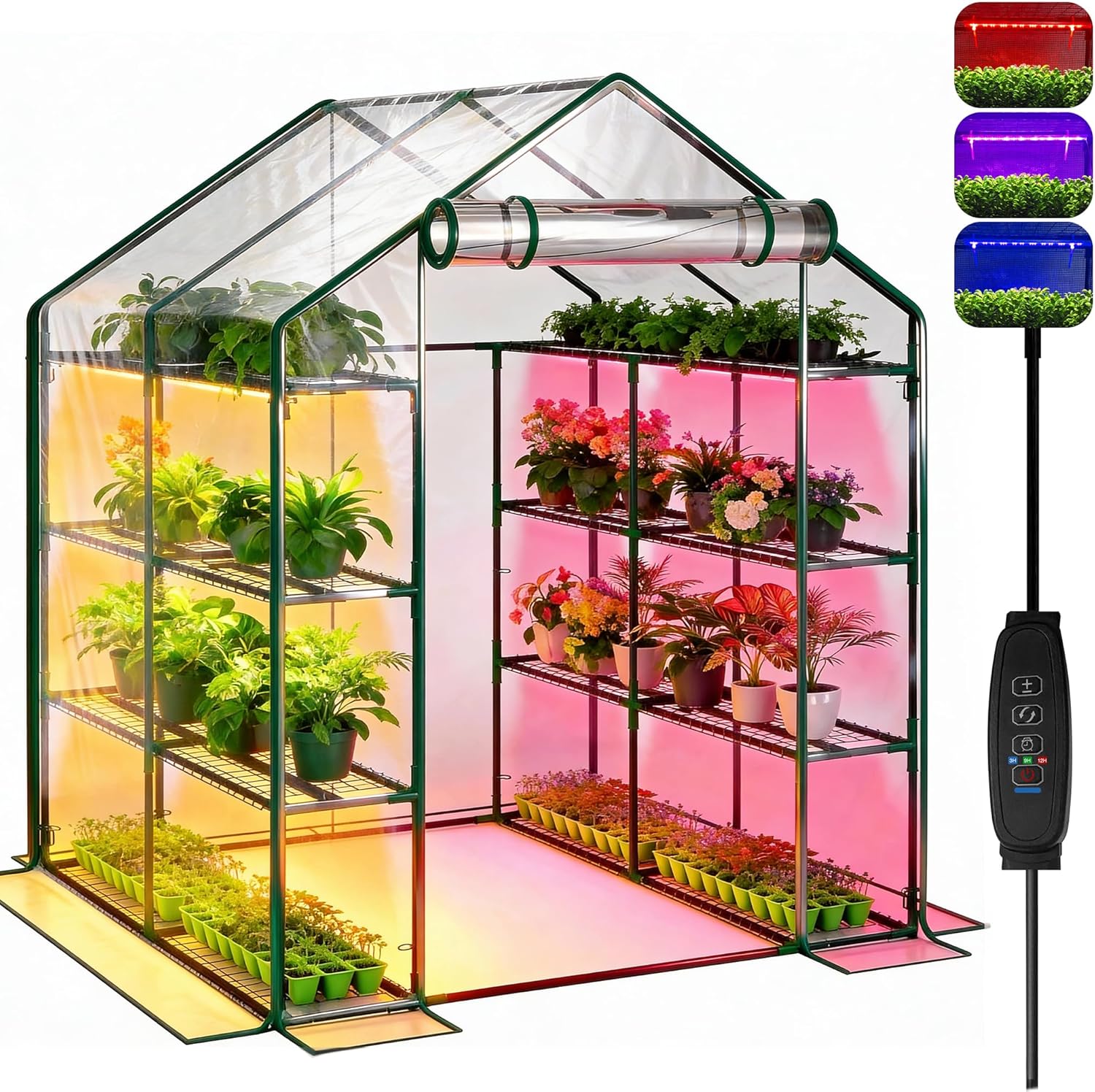 PYY Walk in Greenhouse - Indoor Greenhouse with Grow Lights, Roll-Up Zipper Entry Door and PVC Cover, 3 Modes Light with Loop Timer for 24 H, Plant Garden Hot House for Outdoor(56.3
