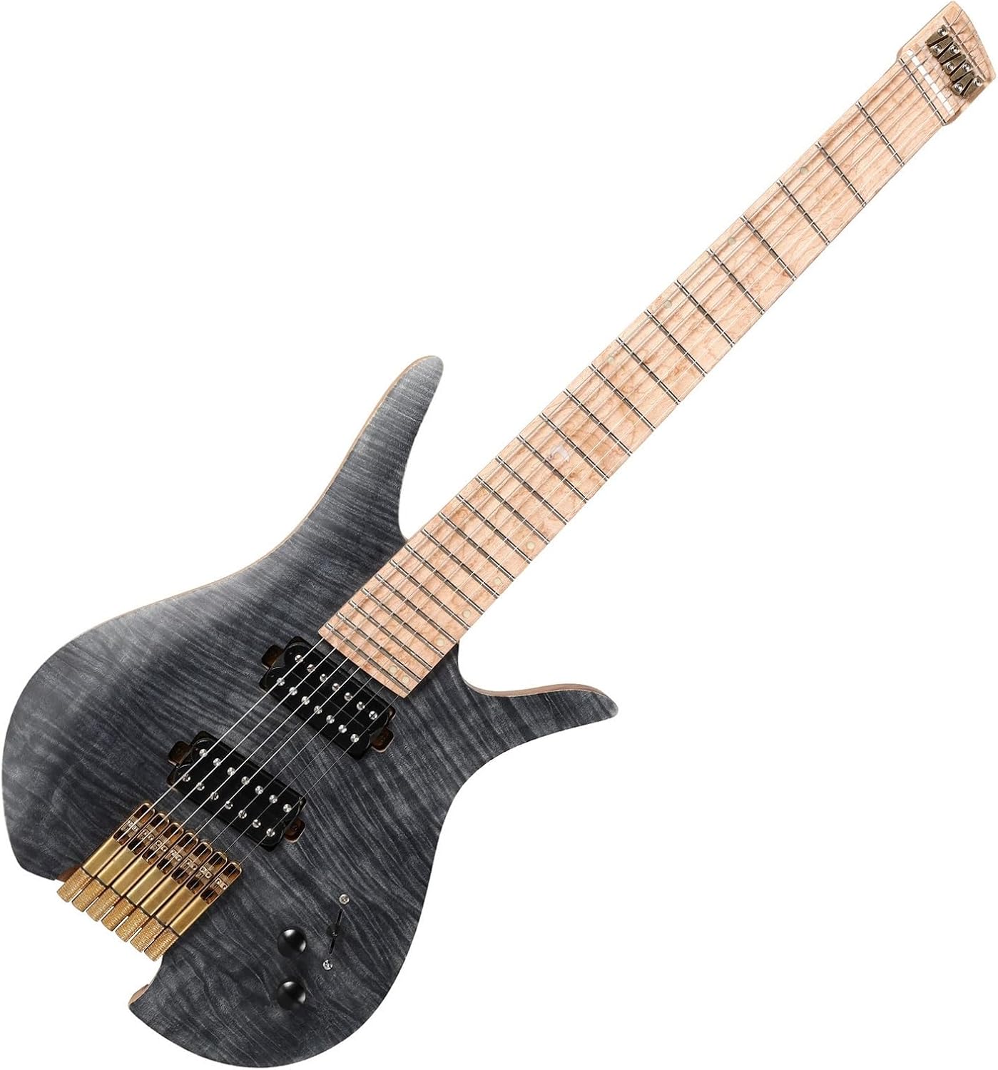 7 String Fanned Fret Headless Electric Travel Guitar Ash Wood with Flame Maple Veneer Professional Headless Guitar