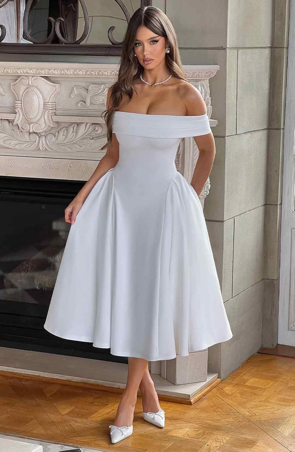 BOLENSYE Off The Shoulder Satin Bridesmaid Dresses Tea Length A Line Formal Ball Gown Midi Wedding Guest Dress