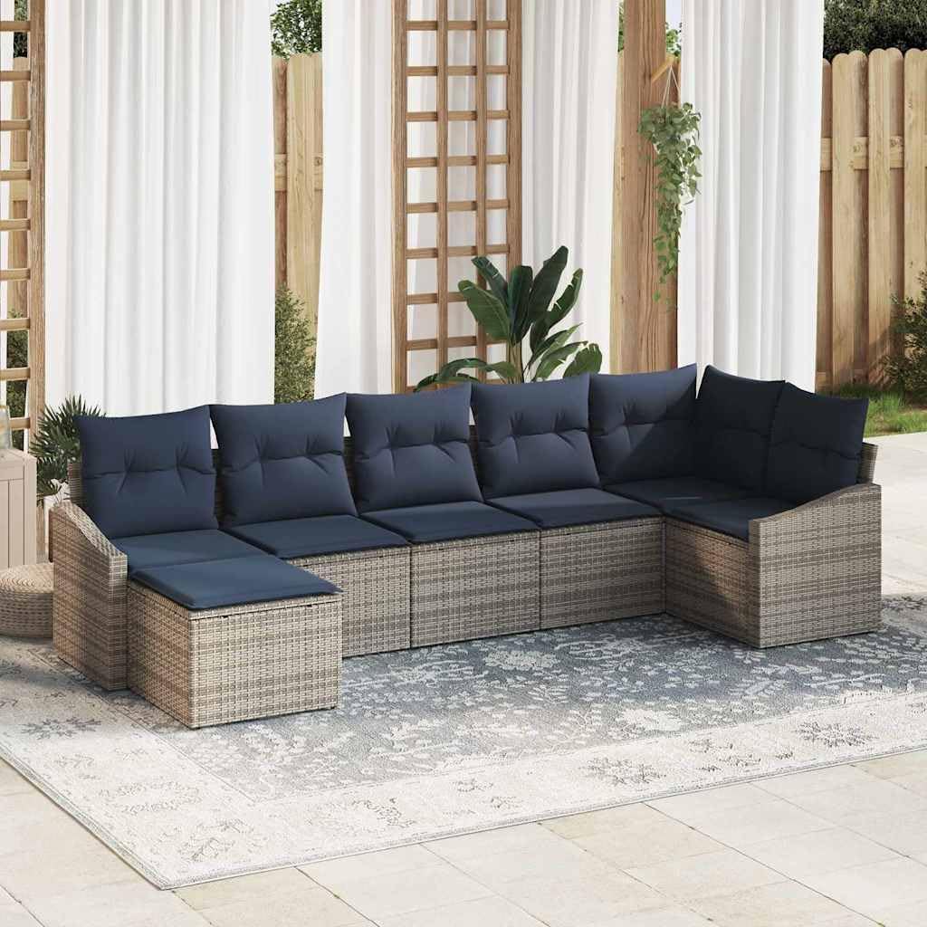 7-Piece Grey Synthetic Poly Rattan Sofa Set, Modular Outdoor Patio Furniture with Cushions, Weather-Resistant for Garden & Terrace Seating