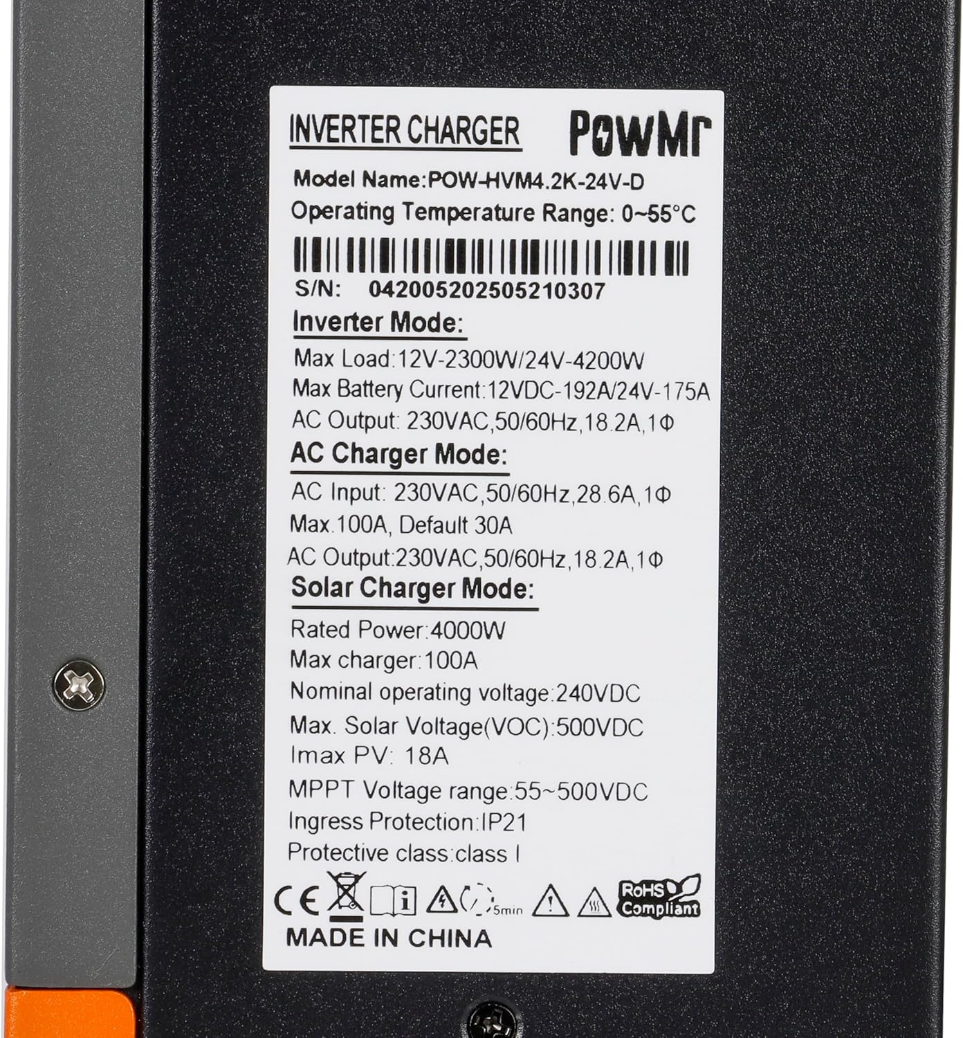 4200W Solar Inverter, 24V to 220-230VAC, Off-Grid Hybrid Inverter with 100A MPPT Solar Charge Controller, Max PV Array 4.2KW, Max.PV Open Circuit 500V, Built-in WIFI, With 24V Lead-Acid & Li Batteries