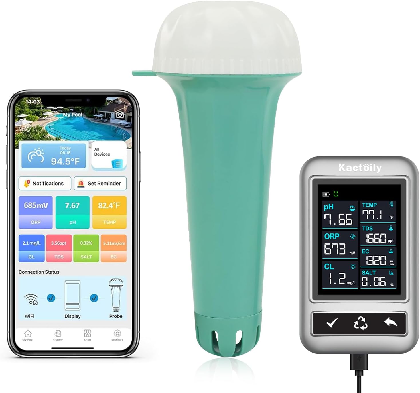 Kactoily Smart Pool Monitor All-in-one Digital Water Tester 24/7 Chemical Monitor pH Chlorine Salt ORP EC TDS Temp Testing for Pool, Spa & Hot Tub, Upgraded LCD Display