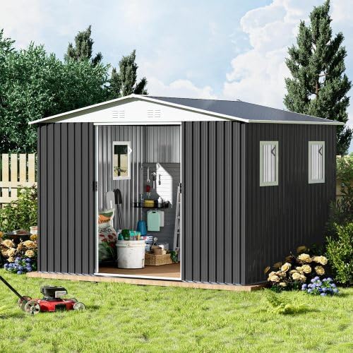 10FT x 8FT Outdoor Storage, Metal Anti-Corrosion Utility Tool House with Lockable Door & Shutter Vents，Outdoor Waterproof Garden Tool Storage Sheds（with 4 Transparent Window）