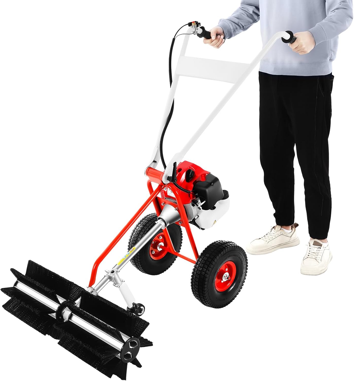 43CC 2 Stroke Gas Power Broom Sweeper, 1.7HP Portable Power Broom Sweeper Cordless, 1250w Cleaning Driveway Turf Grass Walk Behind Hand, for Lawn Leaf Artificial Turf Grass Gravel Cleanin