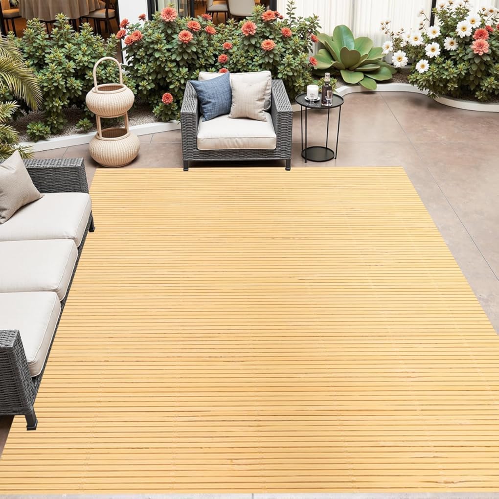 Beige Brown Weaved Bamboo Texture Outdoor Rug for Patio Deck Backyard Garden Porch Farmhouse Minimalist Rustic Woven Jute Rugs Waterproof Easy Clean Outside Carpet Foldable Cool Floor Mats 9x12