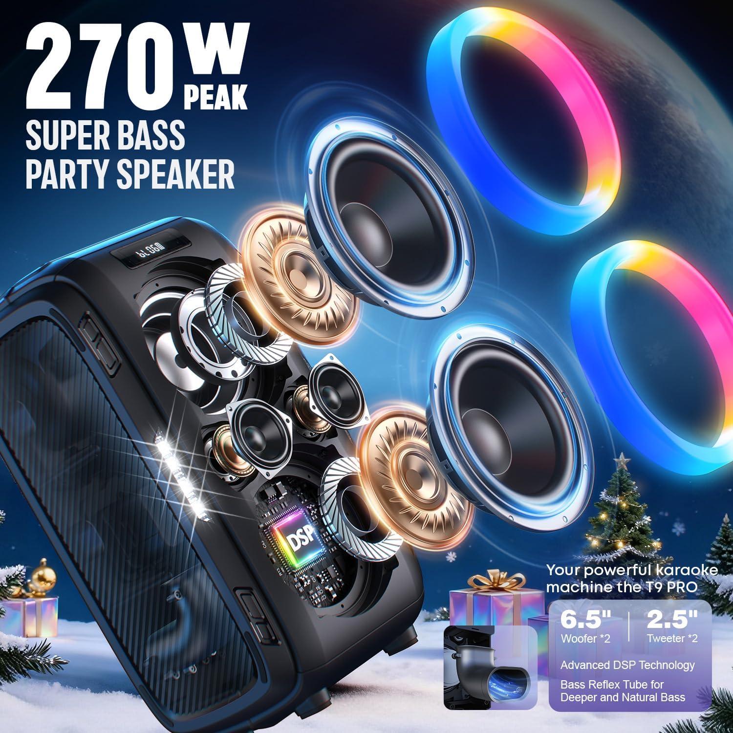 W-KING 270W PEAK Party Large Bluetooth Speaker Loudest Boom Box/12 Custom Bass/Massive 125dB 6.5''x2 Subwoofer Deepest Bass, Big Portable Speaker Wireless, IPX5/MIC&GTR in/USB/TF/AUX,Removable Battery