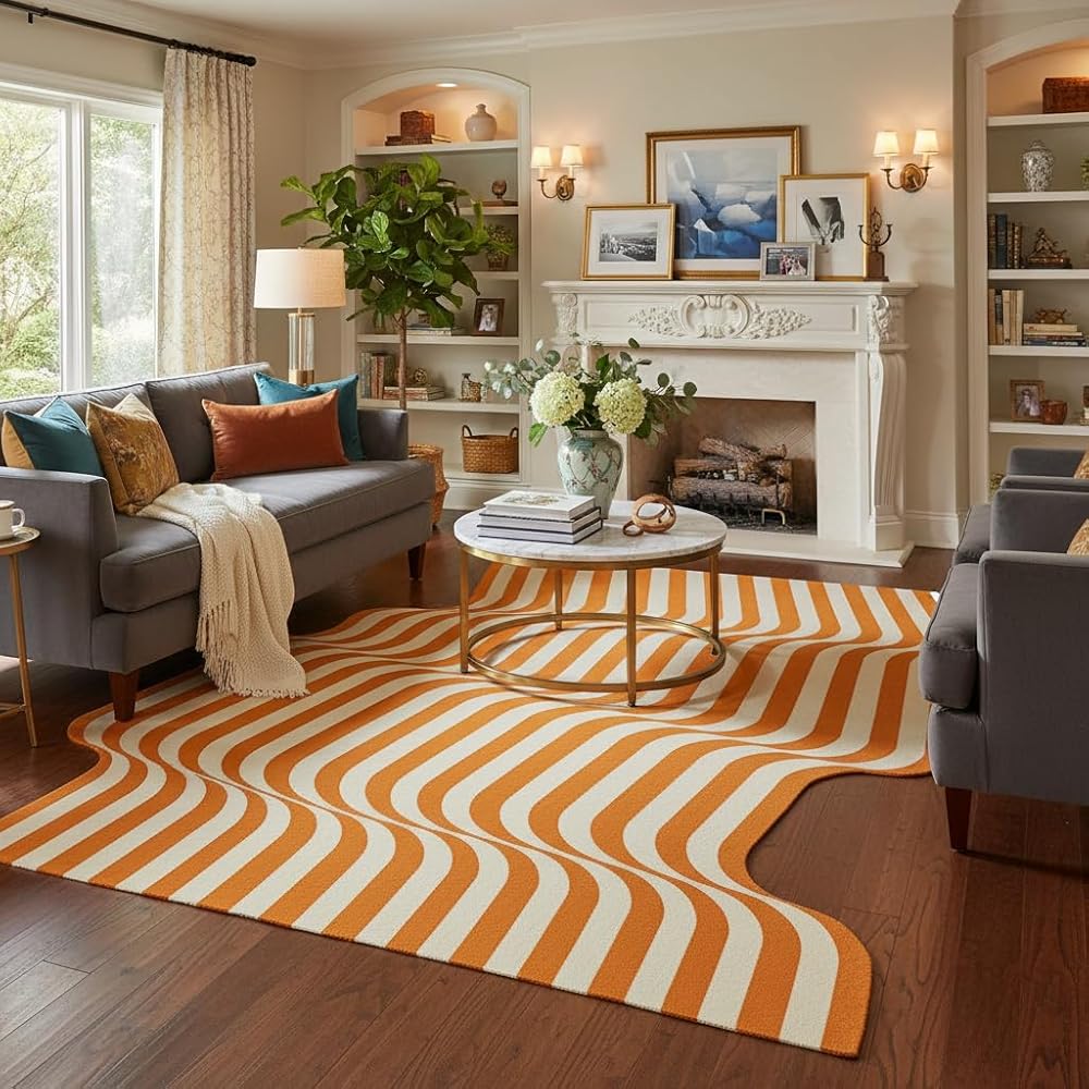 Vibrant Irregular Area Rugs 7x9 Orange White Modern Geometric Striped Odd Shaped Rug for Bedroom Livingroom Nursery Farmhouse Dorm Washable Durable Low Pile Entryway Office Large Carpets