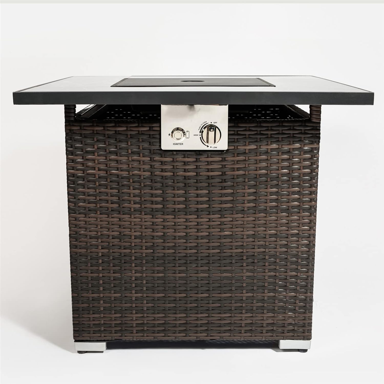 30-Inch Outdoor Propane Fire Pit Table with Ceramic Tile Tabletop – 40,000 BTU Heat Output, Dark Brown Wicker Design, Adjustable Flame, Steel Lid, Rain Cover & Glass Rocks Included – ETL Approved