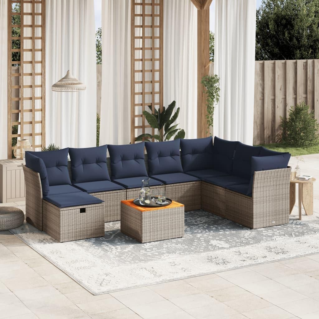 9 Piece Patio Sofa Set, Gray Poly Rattan Outdoor Furniture with Cushions, Acacia Wood Tabletop, Modular Design for Backyard Terrace